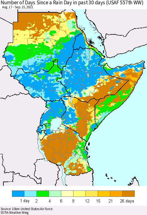 Eastern Africa Number of Days Since a Rain Day in past 30 days (USAF 557th WW) Thematic Map For 9/11/2021 - 9/15/2021