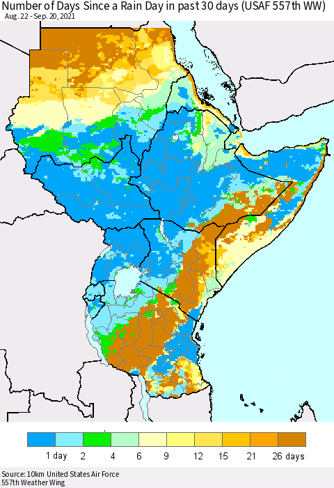 Eastern Africa Number of Days Since a Rain Day in past 30 days (USAF 557th WW) Thematic Map For 9/16/2021 - 9/20/2021
