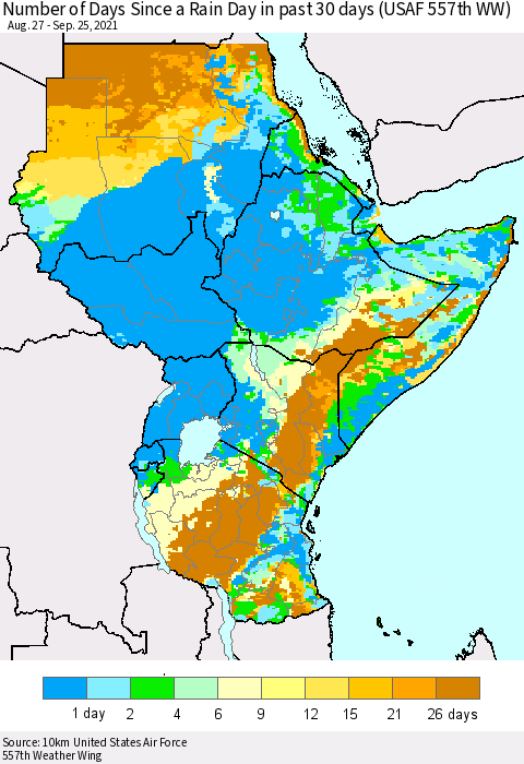 Eastern Africa Number of Days Since a Rain Day in past 30 days (USAF 557th WW) Thematic Map For 9/21/2021 - 9/25/2021