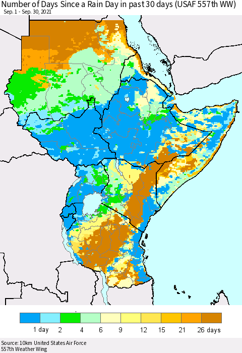 Eastern Africa Number of Days Since a Rain Day in past 30 days (USAF 557th WW) Thematic Map For 9/26/2021 - 9/30/2021
