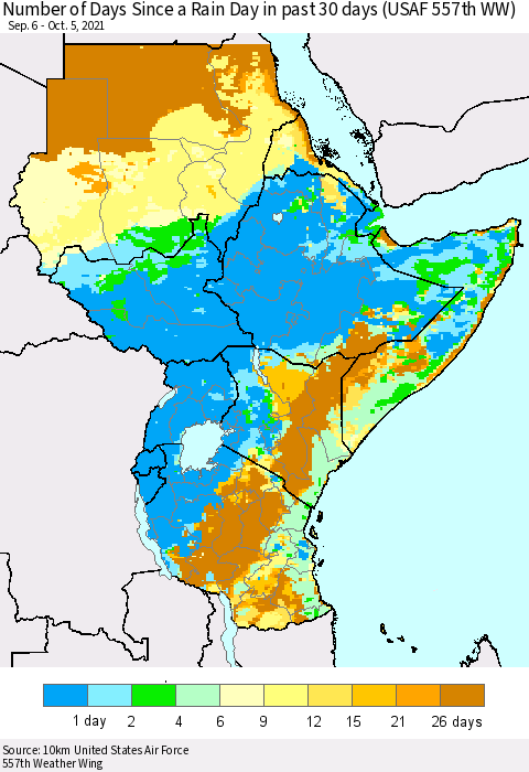 Eastern Africa Number of Days Since a Rain Day in past 30 days (USAF 557th WW) Thematic Map For 10/1/2021 - 10/5/2021