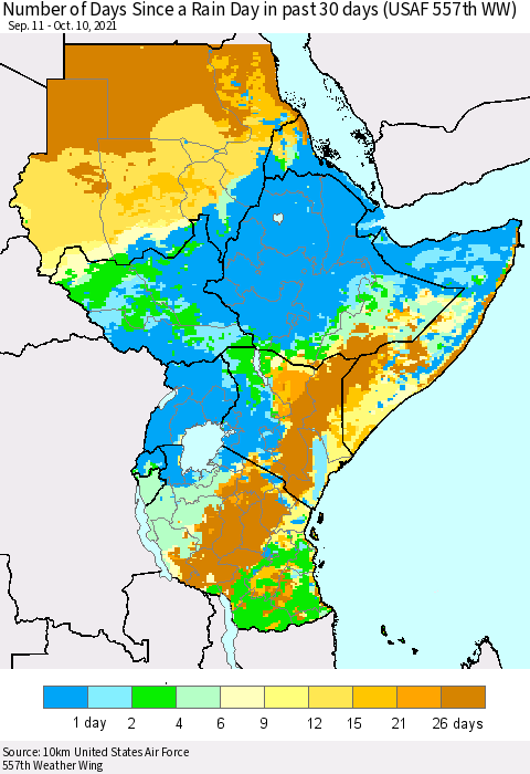 Eastern Africa Number of Days Since a Rain Day in past 30 days (USAF 557th WW) Thematic Map For 10/6/2021 - 10/10/2021