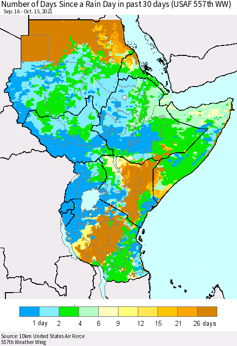 Eastern Africa Number of Days Since a Rain Day in past 30 days (USAF 557th WW) Thematic Map For 10/11/2021 - 10/15/2021