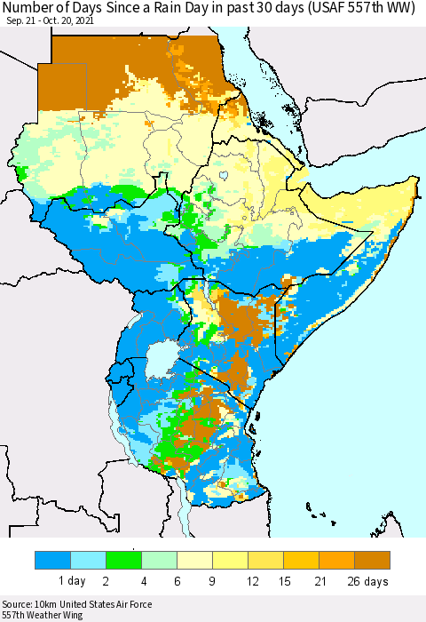Eastern Africa Number of Days Since a Rain Day in past 30 days (USAF 557th WW) Thematic Map For 10/16/2021 - 10/20/2021
