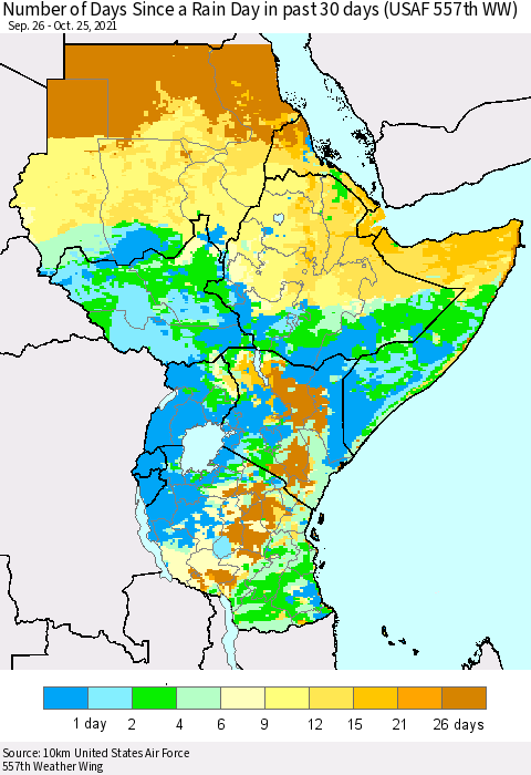 Eastern Africa Number of Days Since a Rain Day in past 30 days (USAF 557th WW) Thematic Map For 10/21/2021 - 10/25/2021