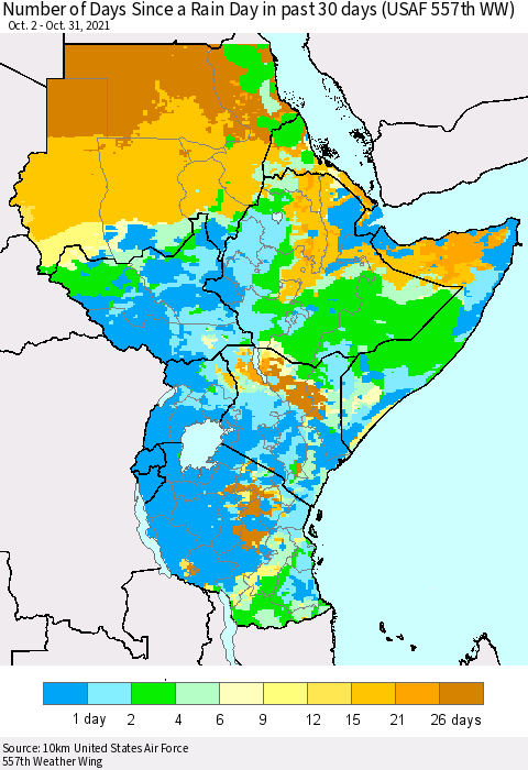 Eastern Africa Number of Days Since a Rain Day in past 30 days (USAF 557th WW) Thematic Map For 10/26/2021 - 10/31/2021