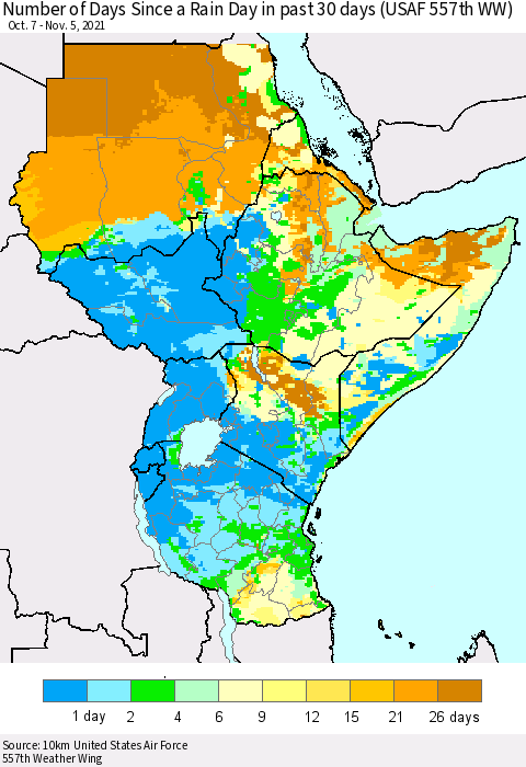 Eastern Africa Number of Days Since a Rain Day in past 30 days (USAF 557th WW) Thematic Map For 11/1/2021 - 11/5/2021