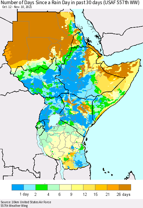Eastern Africa Number of Days Since a Rain Day in past 30 days (USAF 557th WW) Thematic Map For 11/6/2021 - 11/10/2021