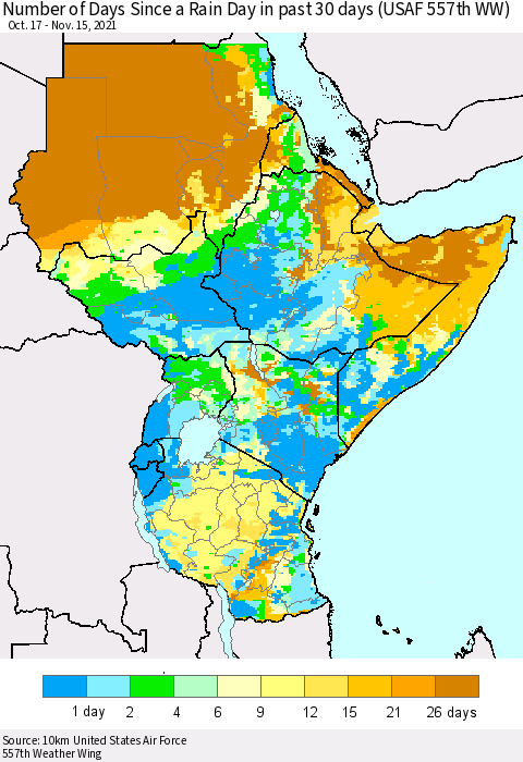 Eastern Africa Number of Days Since a Rain Day in past 30 days (USAF 557th WW) Thematic Map For 11/11/2021 - 11/15/2021