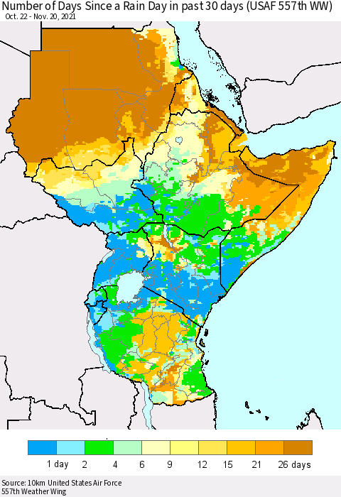 Eastern Africa Number of Days Since a Rain Day in past 30 days (USAF 557th WW) Thematic Map For 11/16/2021 - 11/20/2021