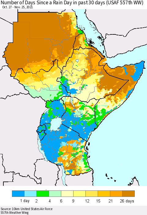 Eastern Africa Number of Days Since a Rain Day in past 30 days (USAF 557th WW) Thematic Map For 11/21/2021 - 11/25/2021