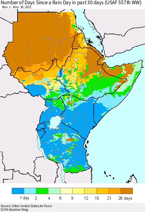 Eastern Africa Number of Days Since a Rain Day in past 30 days (USAF 557th WW) Thematic Map For 11/26/2021 - 11/30/2021