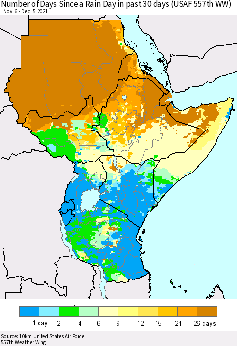Eastern Africa Number of Days Since a Rain Day in past 30 days (USAF 557th WW) Thematic Map For 12/1/2021 - 12/5/2021