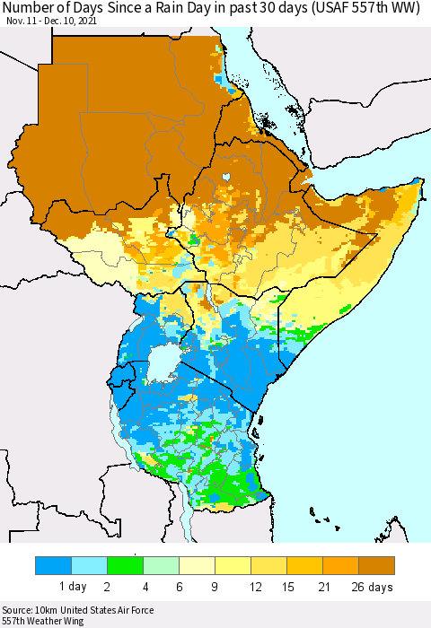 Eastern Africa Number of Days Since a Rain Day in past 30 days (USAF 557th WW) Thematic Map For 12/6/2021 - 12/10/2021