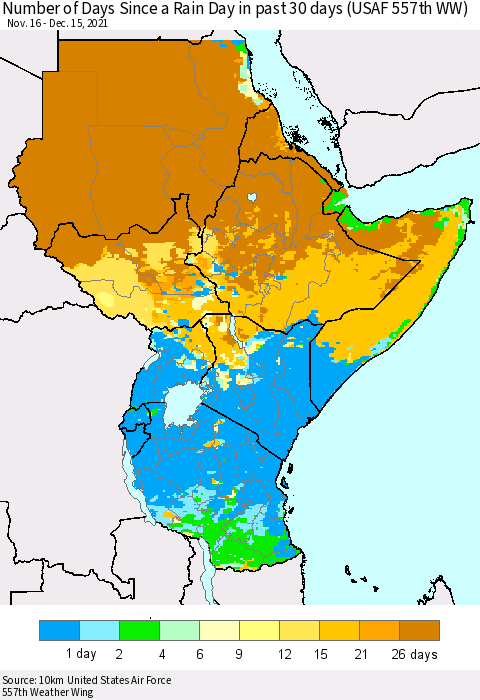 Eastern Africa Number of Days Since a Rain Day in past 30 days (USAF 557th WW) Thematic Map For 12/11/2021 - 12/15/2021