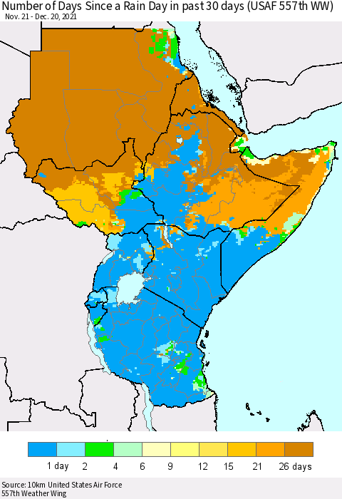 Eastern Africa Number of Days Since a Rain Day in past 30 days (USAF 557th WW) Thematic Map For 12/16/2021 - 12/20/2021