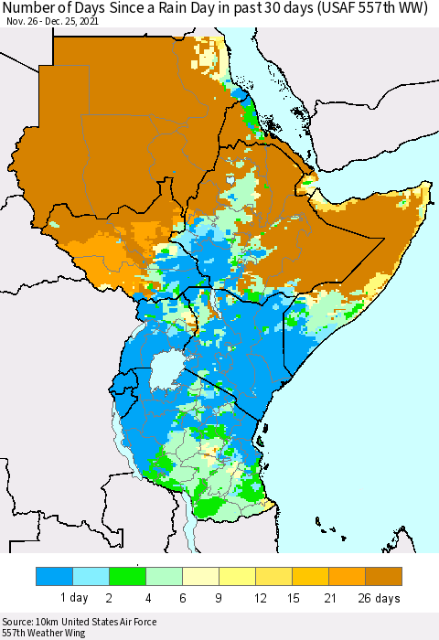 Eastern Africa Number of Days Since a Rain Day in past 30 days (USAF 557th WW) Thematic Map For 12/21/2021 - 12/25/2021