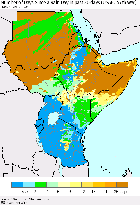 Eastern Africa Number of Days Since a Rain Day in past 30 days (USAF 557th WW) Thematic Map For 12/26/2021 - 12/31/2021