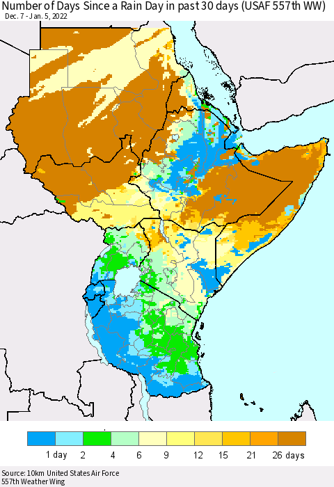 Eastern Africa Number of Days Since a Rain Day in past 30 days (USAF 557th WW) Thematic Map For 1/1/2022 - 1/5/2022
