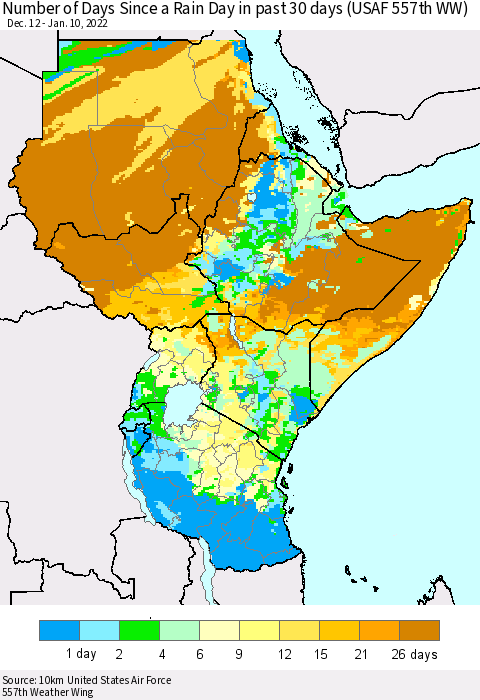 Eastern Africa Number of Days Since a Rain Day in past 30 days (USAF 557th WW) Thematic Map For 1/6/2022 - 1/10/2022