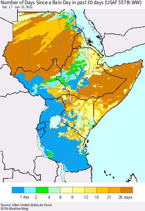 Eastern Africa Number of Days Since a Rain Day in past 30 days (USAF 557th WW) Thematic Map For 1/11/2022 - 1/15/2022