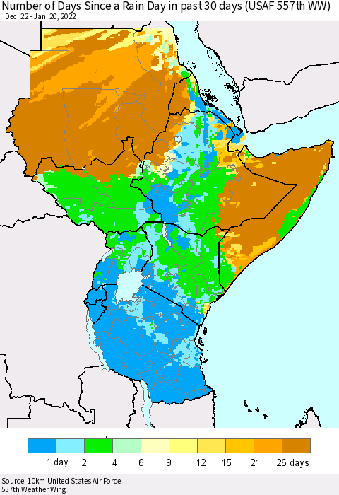 Eastern Africa Number of Days Since a Rain Day in past 30 days (USAF 557th WW) Thematic Map For 1/16/2022 - 1/20/2022