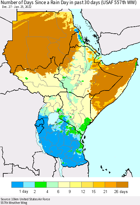 Eastern Africa Number of Days Since a Rain Day in past 30 days (USAF 557th WW) Thematic Map For 1/21/2022 - 1/25/2022