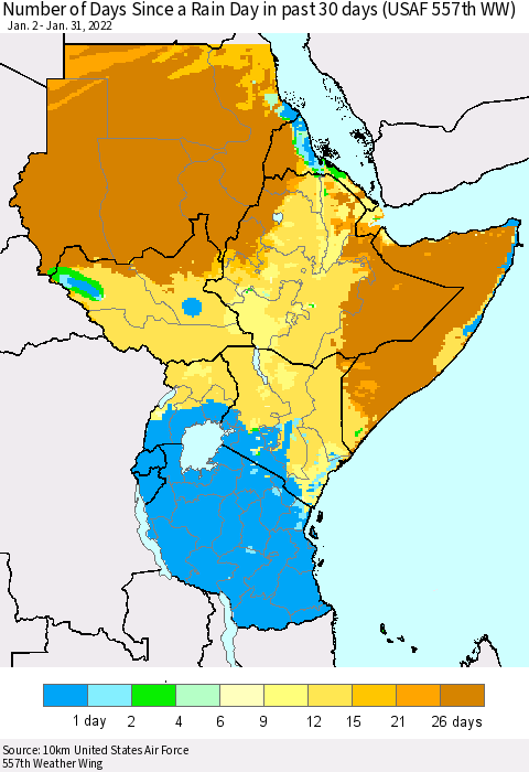 Eastern Africa Number of Days Since a Rain Day in past 30 days (USAF 557th WW) Thematic Map For 1/26/2022 - 1/31/2022