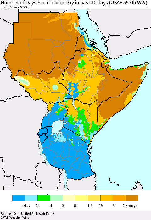 Eastern Africa Number of Days Since a Rain Day in past 30 days (USAF 557th WW) Thematic Map For 2/1/2022 - 2/5/2022