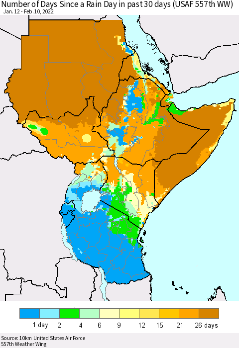 Eastern Africa Number of Days Since a Rain Day in past 30 days (USAF 557th WW) Thematic Map For 2/6/2022 - 2/10/2022