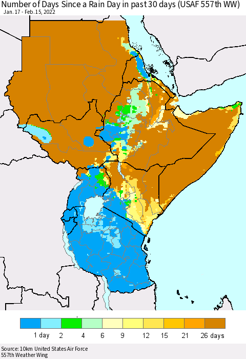 Eastern Africa Number of Days Since a Rain Day in past 30 days (USAF 557th WW) Thematic Map For 2/11/2022 - 2/15/2022