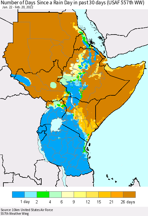 Eastern Africa Number of Days Since a Rain Day in past 30 days (USAF 557th WW) Thematic Map For 2/16/2022 - 2/20/2022