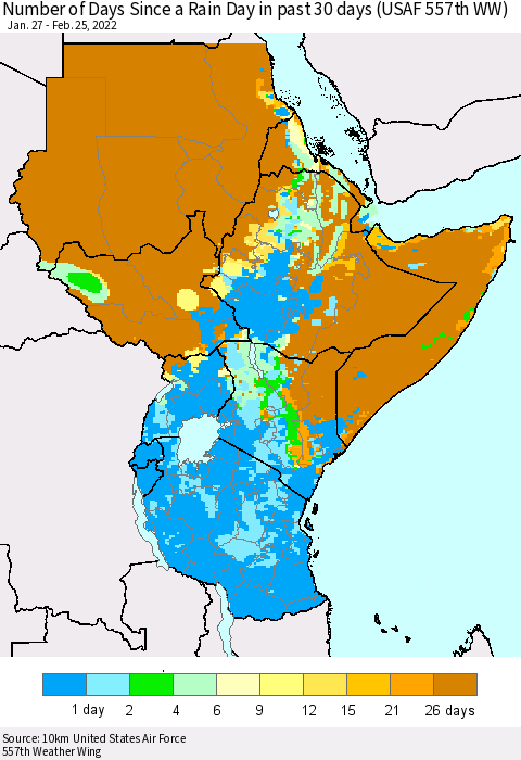 Eastern Africa Number of Days Since a Rain Day in past 30 days (USAF 557th WW) Thematic Map For 2/21/2022 - 2/25/2022