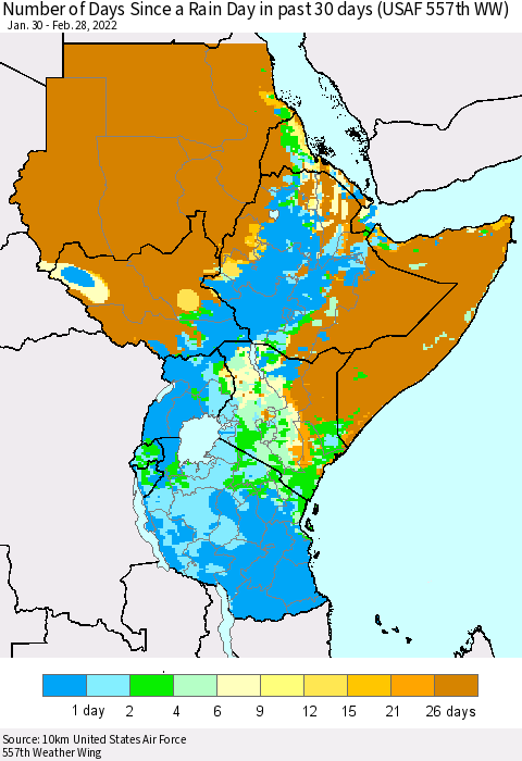 Eastern Africa Number of Days Since a Rain Day in past 30 days (USAF 557th WW) Thematic Map For 2/26/2022 - 2/28/2022