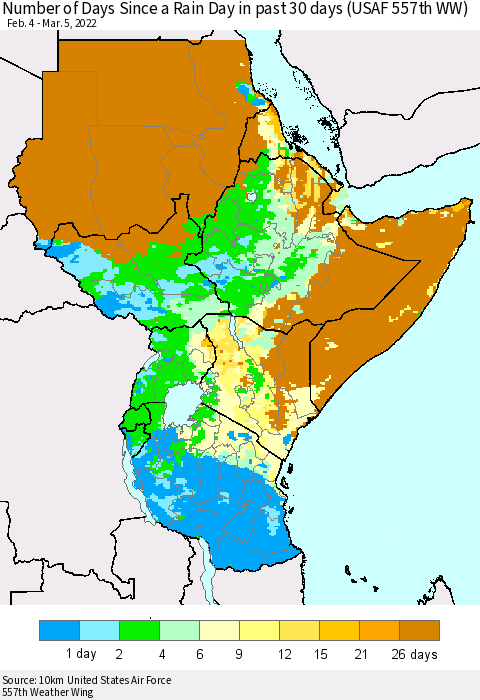 Eastern Africa Number of Days Since a Rain Day in past 30 days (USAF 557th WW) Thematic Map For 3/1/2022 - 3/5/2022