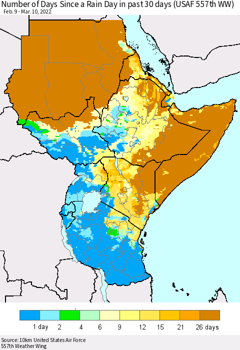 Eastern Africa Number of Days Since a Rain Day in past 30 days (USAF 557th WW) Thematic Map For 3/6/2022 - 3/10/2022