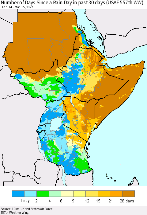 Eastern Africa Number of Days Since a Rain Day in past 30 days (USAF 557th WW) Thematic Map For 3/11/2022 - 3/15/2022