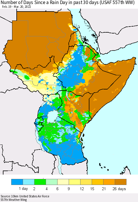 Eastern Africa Number of Days Since a Rain Day in past 30 days (USAF 557th WW) Thematic Map For 3/16/2022 - 3/20/2022
