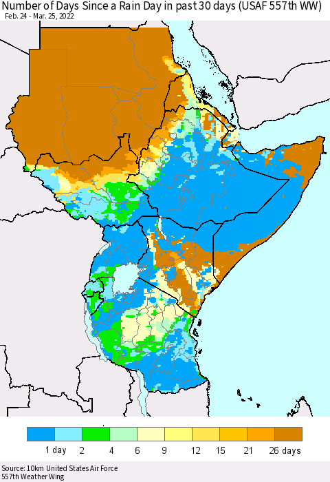 Eastern Africa Number of Days Since a Rain Day in past 30 days (USAF 557th WW) Thematic Map For 3/21/2022 - 3/25/2022