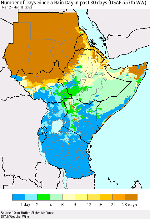 Eastern Africa Number of Days Since a Rain Day in past 30 days (USAF 557th WW) Thematic Map For 3/26/2022 - 3/31/2022