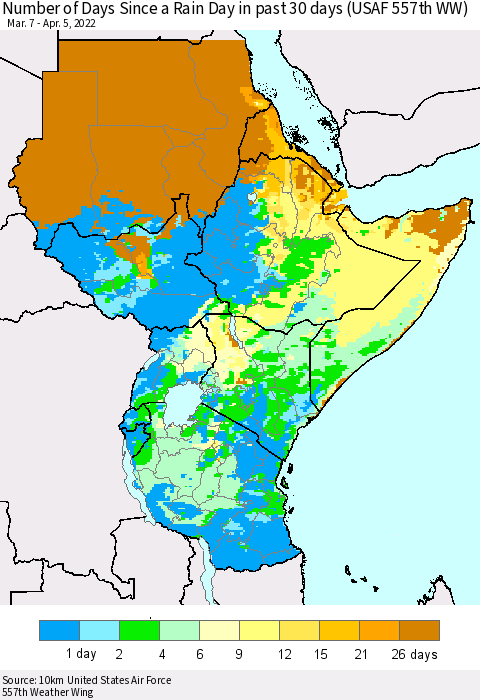 Eastern Africa Number of Days Since a Rain Day in past 30 days (USAF 557th WW) Thematic Map For 4/1/2022 - 4/5/2022