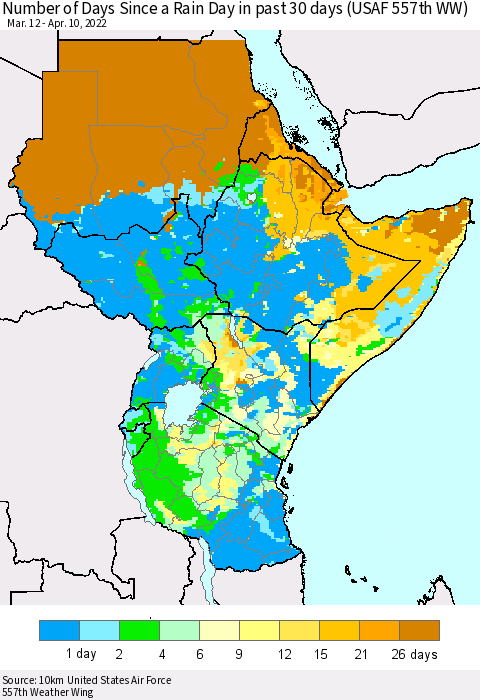 Eastern Africa Number of Days Since a Rain Day in past 30 days (USAF 557th WW) Thematic Map For 4/6/2022 - 4/10/2022