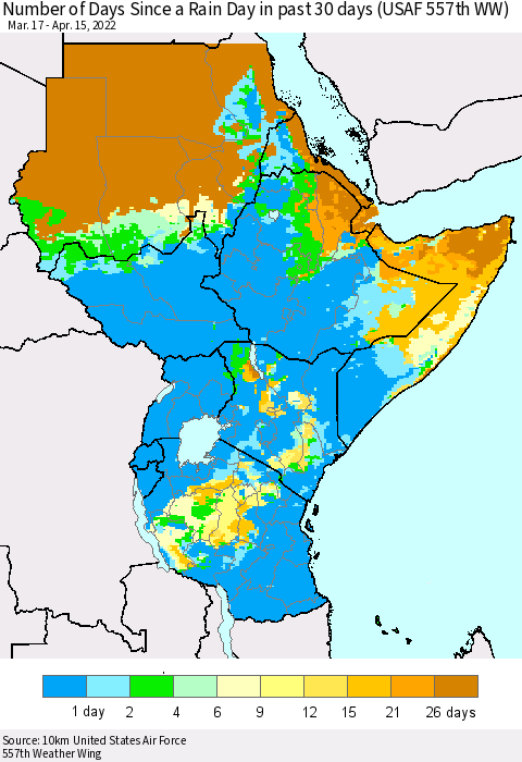 Eastern Africa Number of Days Since a Rain Day in past 30 days (USAF 557th WW) Thematic Map For 4/11/2022 - 4/15/2022