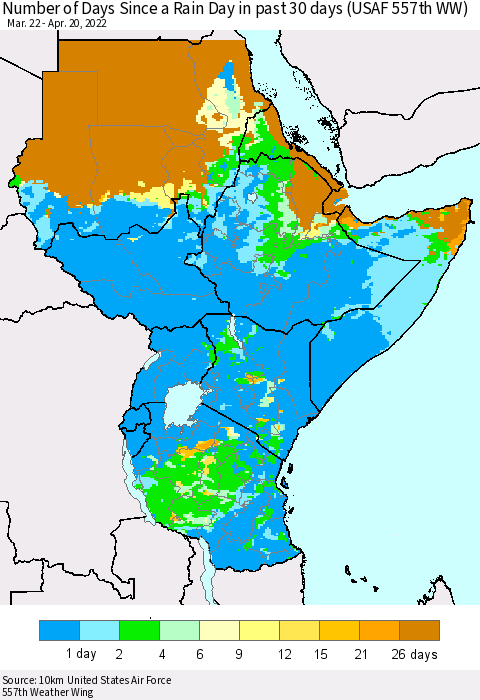 Eastern Africa Number of Days Since a Rain Day in past 30 days (USAF 557th WW) Thematic Map For 4/16/2022 - 4/20/2022