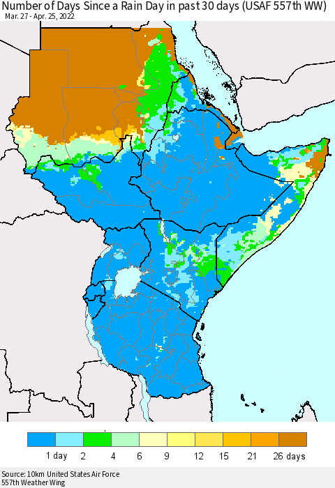 Eastern Africa Number of Days Since a Rain Day in past 30 days (USAF 557th WW) Thematic Map For 4/21/2022 - 4/25/2022