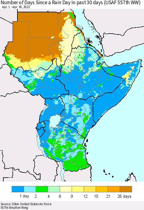 Eastern Africa Number of Days Since a Rain Day in past 30 days (USAF 557th WW) Thematic Map For 4/26/2022 - 4/30/2022
