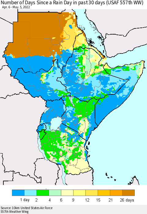 Eastern Africa Number of Days Since a Rain Day in past 30 days (USAF 557th WW) Thematic Map For 5/1/2022 - 5/5/2022