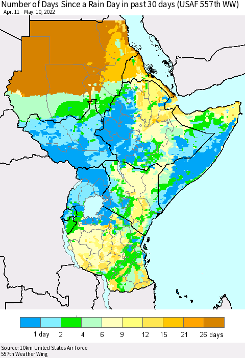 Eastern Africa Number of Days Since a Rain Day in past 30 days (USAF 557th WW) Thematic Map For 5/6/2022 - 5/10/2022