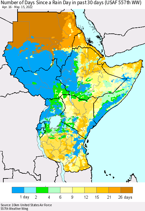 Eastern Africa Number of Days Since a Rain Day in past 30 days (USAF 557th WW) Thematic Map For 5/11/2022 - 5/15/2022