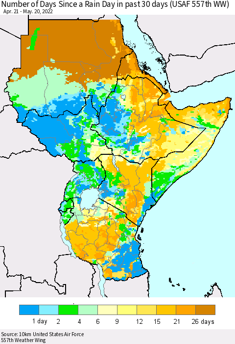 Eastern Africa Number of Days Since a Rain Day in past 30 days (USAF 557th WW) Thematic Map For 5/16/2022 - 5/20/2022